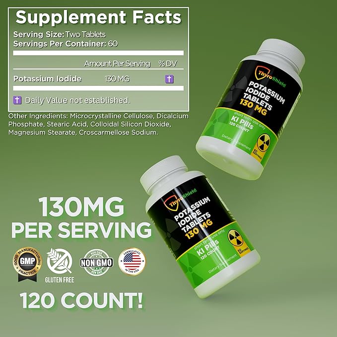 Potassium Iodide Tablets 130 mg | 120ct Two Pack | Iodine Tablets for Radiation Exposure - Potassium Iodine Pills - YODO Naciente - KI Pills - Made in USA - ThyroShield