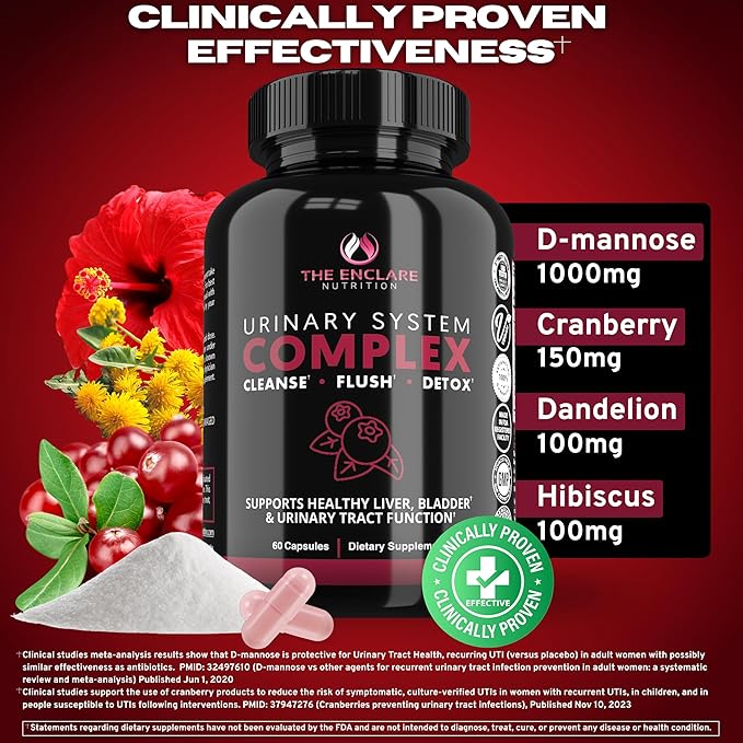 THE ENCLARE NUTRITION D Mannose Capsules|1000mg with Cranberry Pills for Women & Men, Hibiscus & Dandelion. Fast-Acting Urinary Tract Health, Bladder Control, Liver Support, Kidney Cleanse & Detox(2)