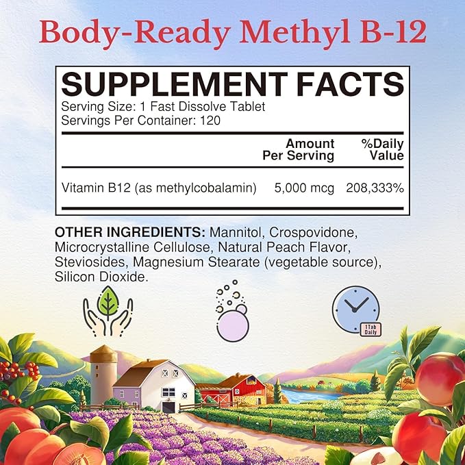 Vitalitown Vitamin B12 (Methyl B12) 5000 mcg, Fully Bioactive Form, Support Energy Production, Natural Peach Flavor, Zero Sugar, 120 Fast Dissolve Tablets