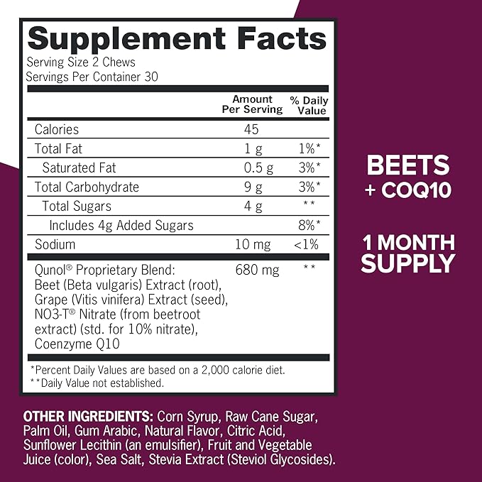 Qunol Beets Chews for Blood Pressure Support, 3 in 1 Beets + CoQ10 + Grape Seed Extract, Supports Healthy Blood Circulation & Heart Healthy Energy, 60 Chews