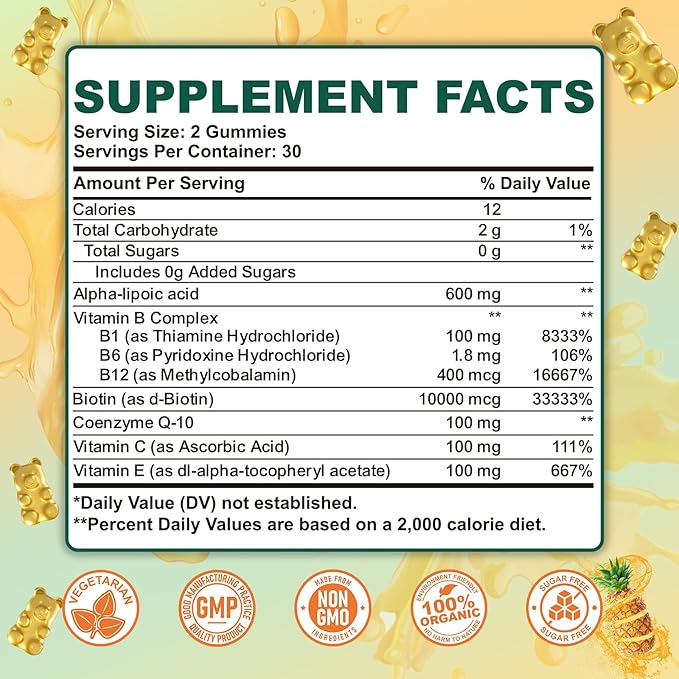Alpha Lipoic Acid Gummies 600mg - Nerve Savior for Neuropathy with Vitamin B1 B6 B12 C E Biotin Coenzyme Q-10 - Brain Health and Nerve Support Antioxidant - Vegan, Sugar-Free - 60 Gummies