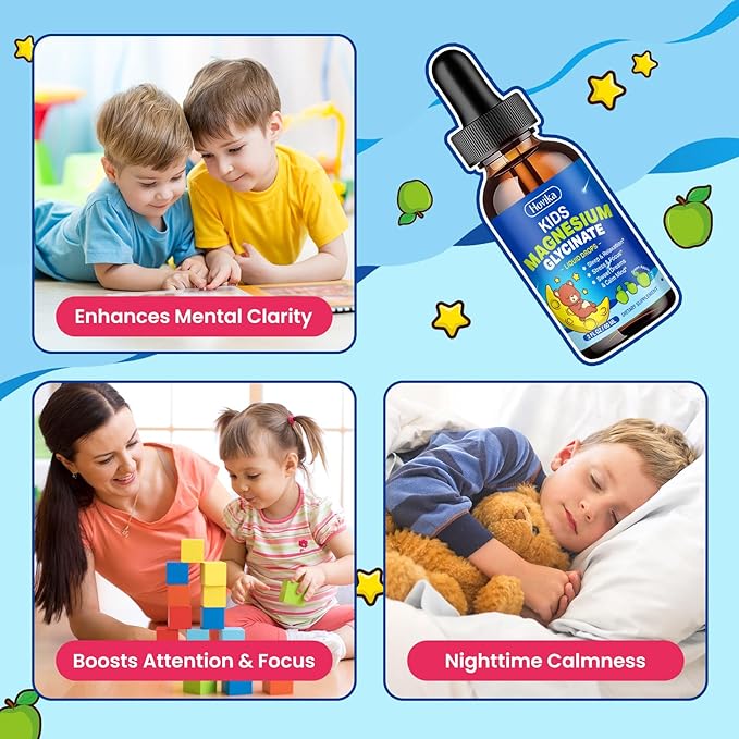 Magnesium Liquid for Kids - with L-Theanine Omega-3, Vitamin B6, D3, Zinc - Kids Magnesium Glycinate Drops for Sleep, Relaxation, Calm & Focus - 2 Fl Oz, Green Apple Flavor