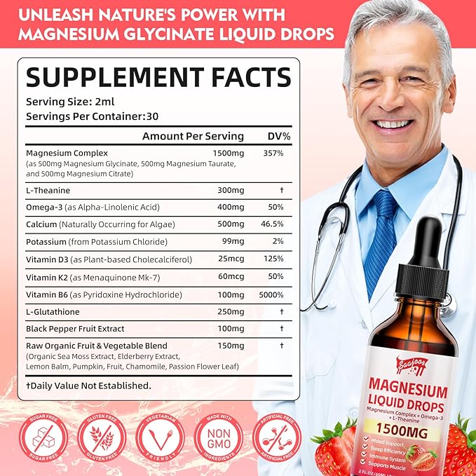 Magnesium Glycinate Liquid Drops, 1500mg Magnesium Liquid Supplement with Vitamin B6, D3, L - Theanine, Omega3,Support Night, Muscle, Bone, Mood, Strawberry Flavor - 2 Fl Oz (60ml) Bottle