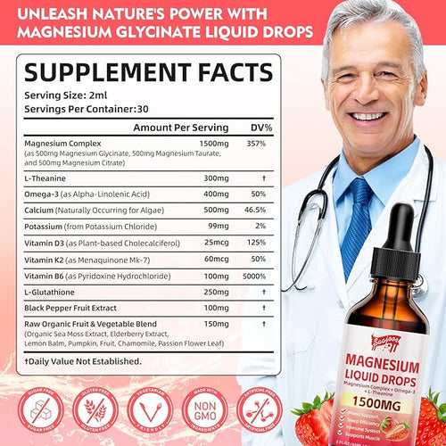 2 Pack Magnesium Glycinate Liquid Drops, 1500mg Magnesium Liquid Supplement with Vitamin B6, D3, L - Theanine, Omega3,Support Night, Muscle, Bone, Mood, Strawberry Flavor - 4 Fl Oz (120ml) Bottle