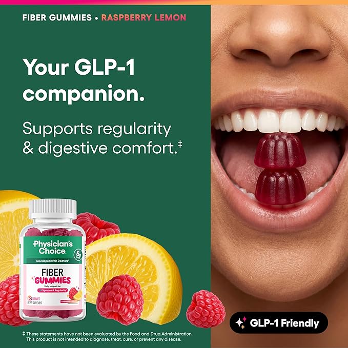 Physician’s Choice Fiber Gummies for Digestive Health & Regularity - Raspberry Lemon Flavor - No Sugar Added & Vegan - Natural Chicory Root Prebiotic Fiber - Daily Gummy for Adults, Women & Men - 60CT