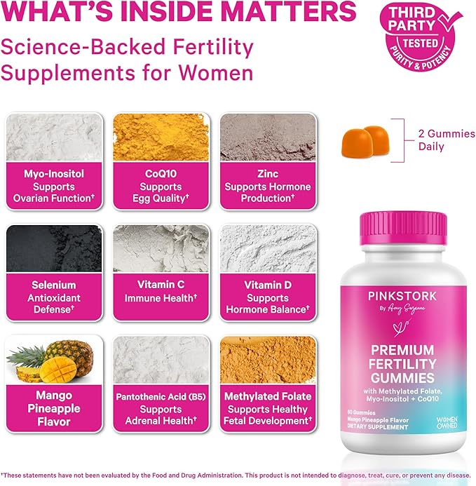 Pink Stork Premium Fertility Gummies | Fertility Supplements for Women with CoQ10, Myo-Inositol + Prenatal Vitamins | Conception Support | Hormone Balance for Women, Ovarian Care - 60 Gummies
