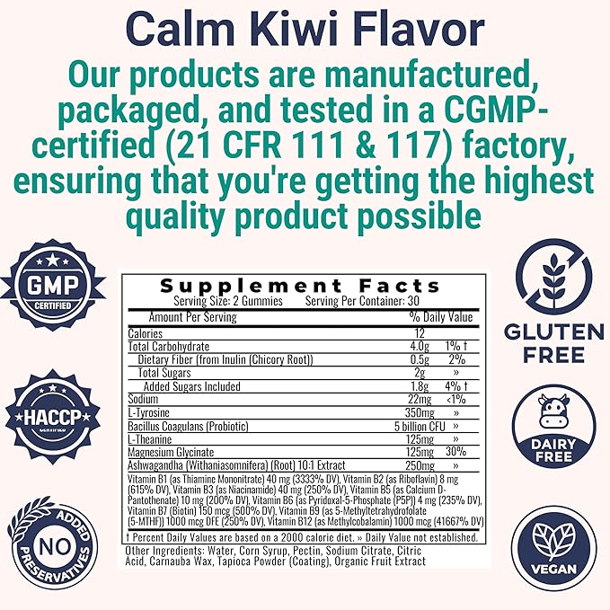 L-Tyrosine L-Theanine Methylated Vitamin B Complex Magnesium Glycinate Probiotic Fiber for Kids Adults Men Women w. Chicory Root Inulin 5-MTHF B12 P5P B6 B9 B5 B3 Powder Capsule Pill Supplement Alt