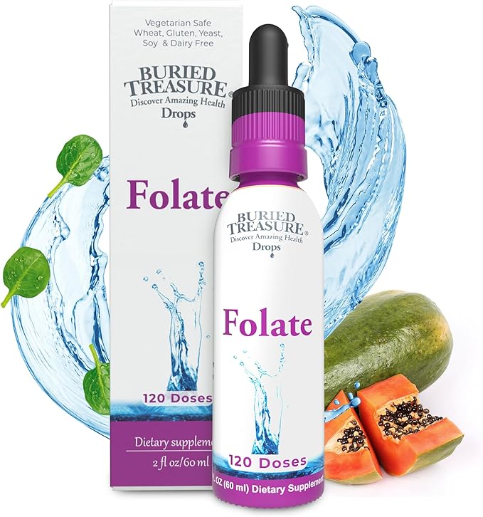 Buried Treasure Folate Drops - Methylated B-9 (Calcium L-5 Methyltetrahydrofolate), Supports Energy Production, Heart Health, and Pregnancy, 5-MTHF Supplement Vegan Safe, 120 Servings
