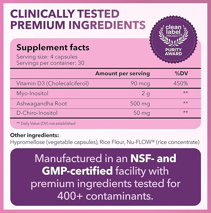 Intimate Rose Myo-Inositol & D-Chiro Inositol Blend - 40:1 Blend Ratio - Women's Daily Wellness Support - Vitamin D & Ashwagandha, 3 Bottles