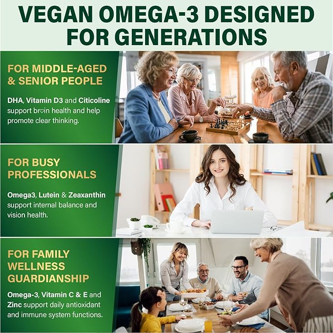 Omega-3 Supplement Gummies for Women & Men - 1000mg Vegan Omega3 DHA & EPA with Turmeric, Vitamin D3, K2, Citicoline for Overall Health - Algae Oil Omega 3 Fatty Acid Supplements, Sugar-Free