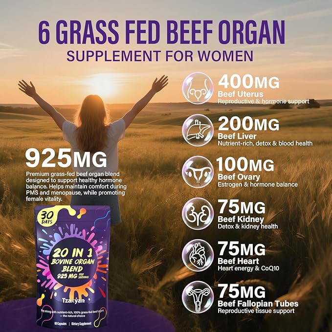 20-In-1 Beef Organ Supplement for Women, 925MG Grass Fed Beef Liver, Uterus, Ovary & 3 more with Maca, DIM, Black Cohosh, Vitamin & Mineral, Bovine organ Capsules for Hormone Balance, Energy, 30 Days
