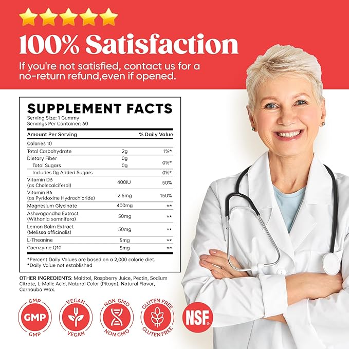 60 Day Supply Magnesium Glycinate 400mg Gummies with Ashwagandha, L-Theanine, CoQ10, Vitamin D3 & B6, Sugar Free Magnesium Gummies for Adults & Kids, Stress Relief, Sleep & Calm, Vegan, Gluten Free