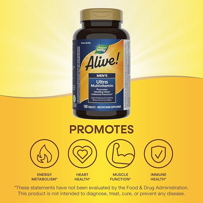 Nature's Way Alive! Men's Daily Ultra Multivitamin, High Potency Formula, Promotes Heart & Muscle Function*, with Methylated Vitamin B12, Gluten Free, 150 Tablets, (Pack of 2)