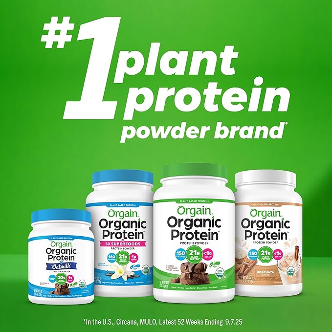 Orgain Organic Vegan Protein Powder, Horchata - 21g Plant Based Protein, 9g Prebiotic Fiber, Low Net Carb, No Lactose Ingredients, No Added Sugar, Non-GMO, For Shakes & Smoothies, 2.03 lb