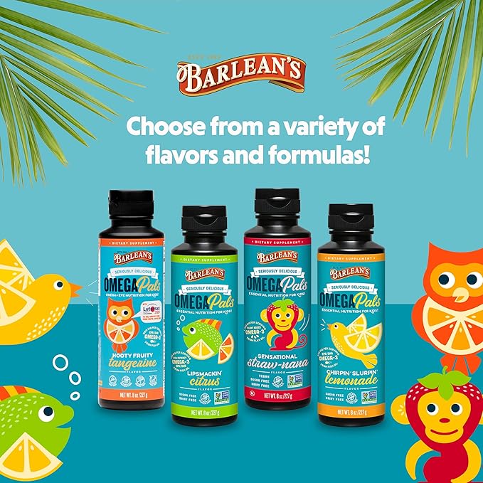 Barlean's Omega Pals Chirpin' Slurpin' Lemonade Flavored Omega-3 for Kids, Yummy Children's Liquid Fish Oil Supplement with 540 mg of EPA and DHA Fatty Acid for Brain & Eye Health, 8 oz