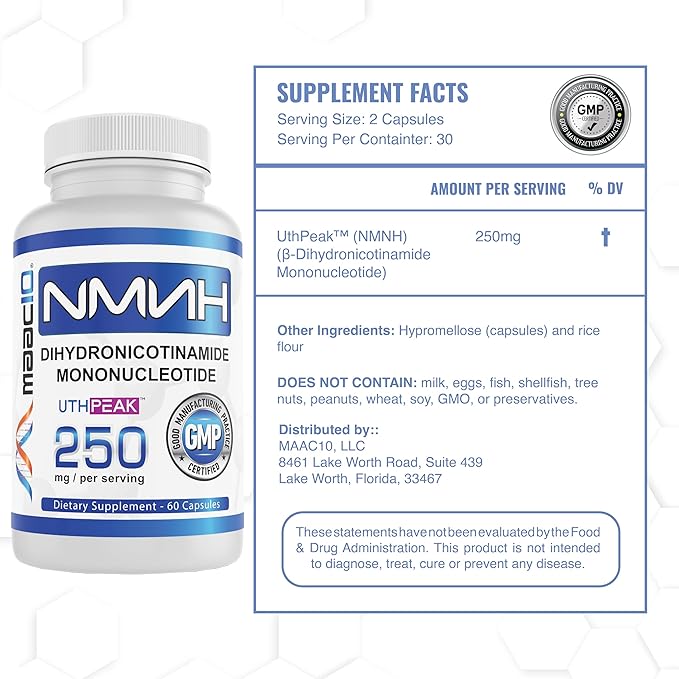 MAAC10 NMNH (NMN Supplement Alternative) 250mg Serving | Uthpeak™ NMNH (Dihydronicotinamide Mononucleotide) for Better Stability | 30-Day Supply. (Pack of 3)