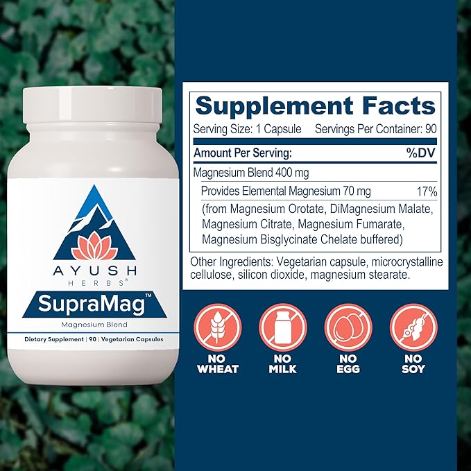 Ayush Herbs SupraMag - 400mg Magnesium Complex Supplement with Chelated Magnesium Bisglycinate, Citrate, Ororate for Sleep, Energy, & Brain Health - 90 Vegetarian Capsules (1 Count)