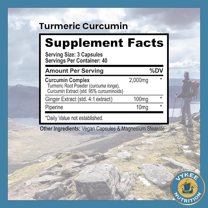Vykee Nutrition Turmeric Curcumin 2,000mg with Ginger & Piperine – High Potency 95% Curcuminoids, Enhanced Absorption and Joint Support – Vegan, Non-GMO, 120 Capsules