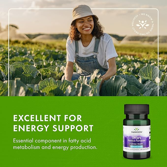 Swanson Iron (Ferrous Fumarate) - Mineral Supplement Promoting Energy Support - High-Concentration Formula Assists in Oxygen Delivery & Fatty Acid Metabolism - (60 Capsules, 18mg Each) (1 Pack)