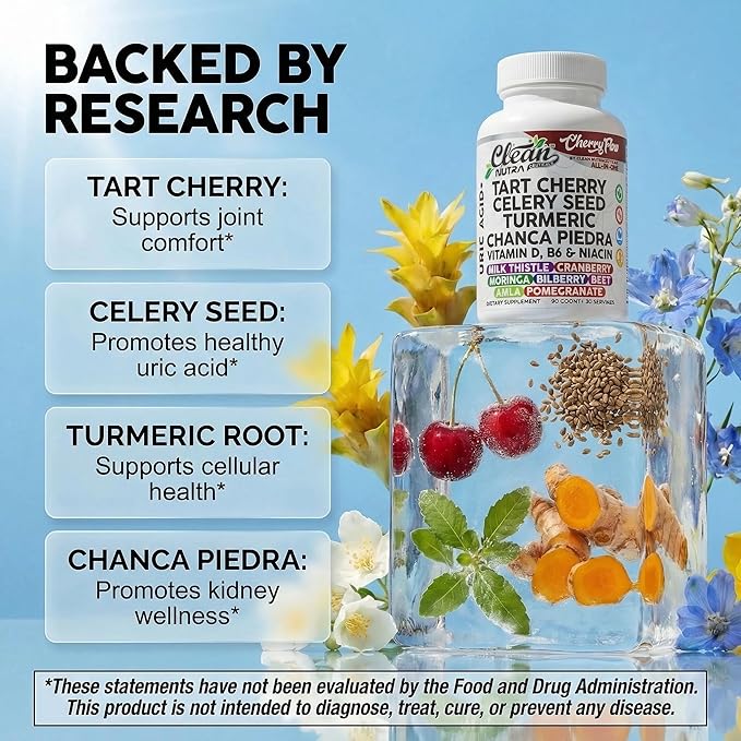 Cherry Flow Tart Cherry Capsules Uric Acid Support Celery Seed Turmeric Chanca Piedra Vitamin D Vitamin B6 Niacin Milk Thistle Moringa Extract Pomegranate Beets 90 Count By Clean Nutra