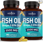 NEW AGE Omega 3 Fish Oil 2500mg Supplement Non GMO - EPA, DHA Fatty Acids Gluten Free (180 Softgels (Pack of 2))
