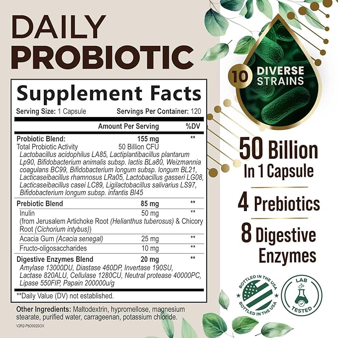 Probiotics 50 Billion CFU per Serving - 10 Strains + Prebiotics - Digestive Health, Gut & Immune Support - Occasional Constipation, Gas & Bloating Support for Women & Men, Bottled USA - 120 Capsules