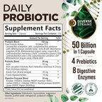 Probiotics 50 Billion CFU per Serving - 10 Strains + Prebiotics - Digestive Health, Gut & Immune Support - Occasional Constipation, Gas & Bloating Support for Women & Men, Bottled USA - 120 Capsules