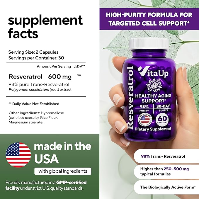 Trans-Resveratrol Supplement – 98% Purity USA Made Resveratrol Capsules 600mg - Standardized to 98% Trans-Resveratrol – Antioxidant for Healthy Aging & Energy Support – 60 Caps