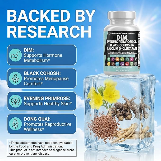 Clean Nutraceuticals DIM Evening Primrose Black Cohosh Calcium D-Glucarate Sulforaphane Flax Seed Extract - Hormonal Support Vitamins for Women with Dong Quai - 60 Caps