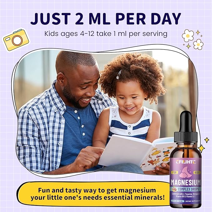 Kids Magnesium Liquid Drops-Magnesium Glycinate Liquid for Kids Supplement-w/L-theanine, Omega-3, Vitamin B6, D3 - for Sleep, Relaxation, Brain, Bones - Cherry Flavor, 2 Fl Oz