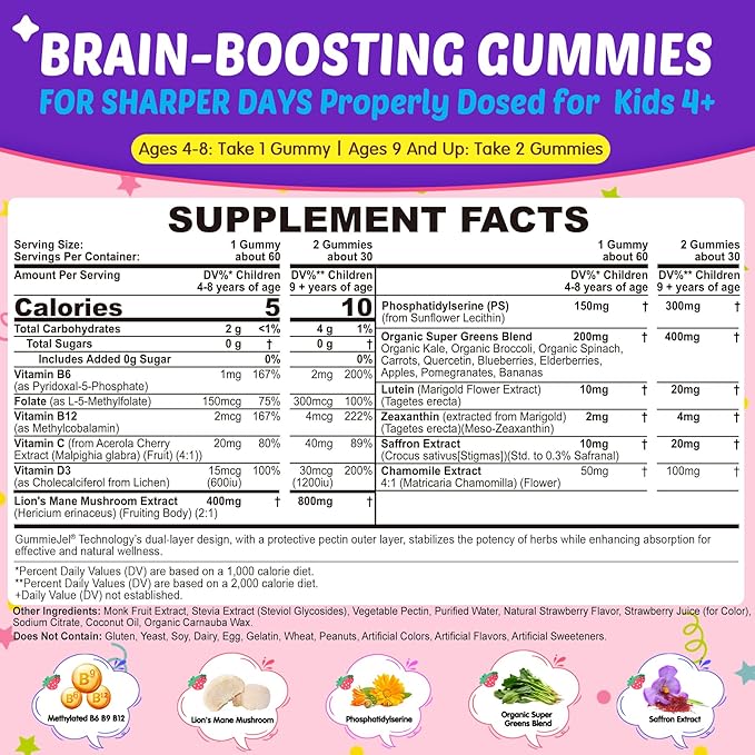 Kid Focus Gummies, Lion's Mane Mushroom Gummies for Kid Brain - Methyl B6, B9, B12 + Super Greens - Focus and Attention Supplements, Cognitive Function & Energy & Vision Support - 60 Vegan Gummies