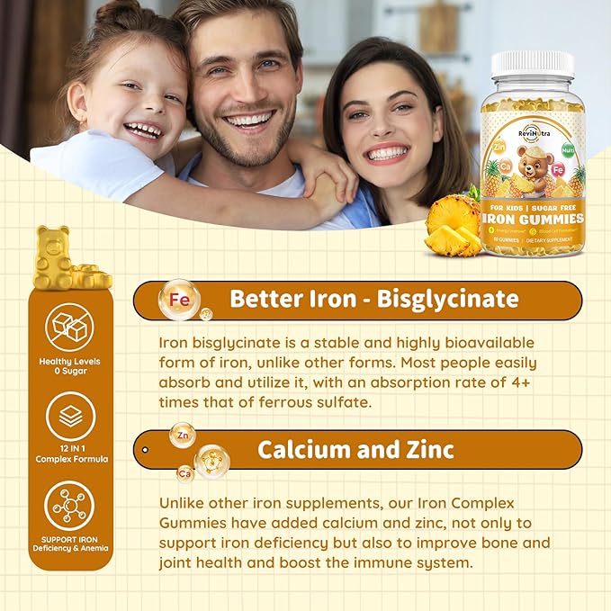 Iron Supplement Gummies for Kids - with Calcium, Zinc, Kids Multivitamin with Iron Gummies - Immune Support, Blood Builder & Energy Support for Iron Deficiency, Anemia, Pineapple Flavor, 60 Gummies