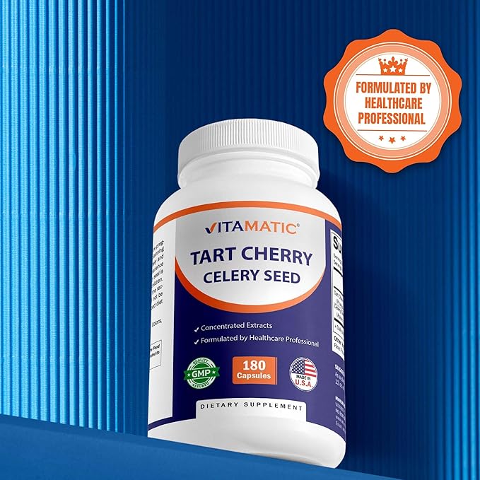 Vitamatic Tart Cherry 20X Extract with Celery Seed 10X Concentrated Extracts - - 180 Veg Capsules - Vegetarian, Non-GMO, and Gluten Free