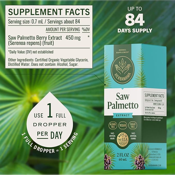HERBAMAMA Saw Palmetto Tincture - Vegan Men's Urinary Tract Support with Saw Palmetto Extract Drops - Non-GMO, Alcohol & Sugar-Free Serenoa Repens Berries Supplement, 84-Day Supply