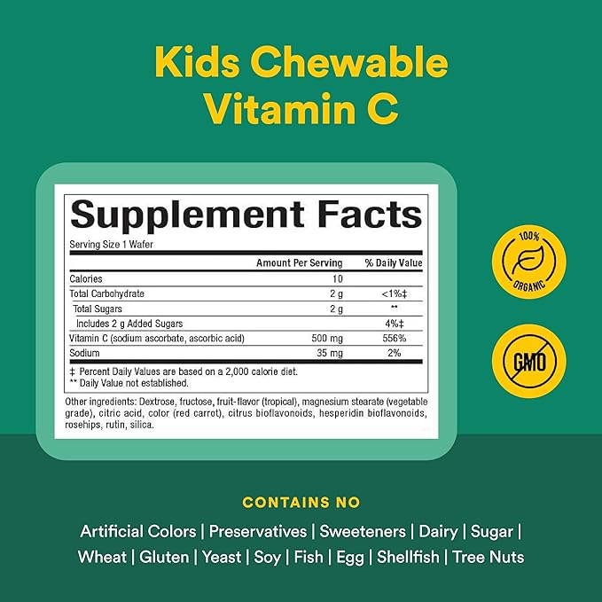 Natural Factors Vitamin C 500 mg - Cell Growth & Immune Health Support Supplement for Kids - Vitamin C for Antioxidant & Bone Support - Tropical Flavor - 90 Chewable Wafers (90 Servings)