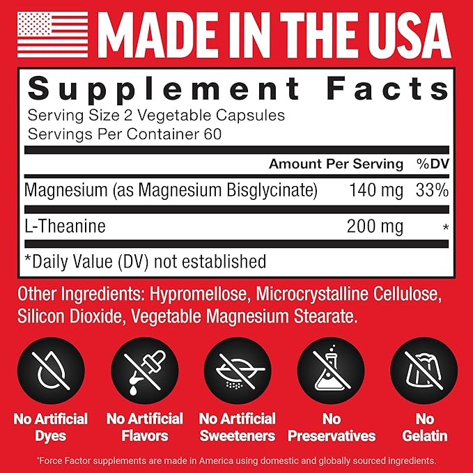 Force Factor Magnesium + L-Theanine, Magnesium Bisglycinate Supplement to Support Bones, Muscles, Nerves, Relaxation, and Mood, Vegan, No Gelatin, Non-GMO, 120 Vegetable Capsules
