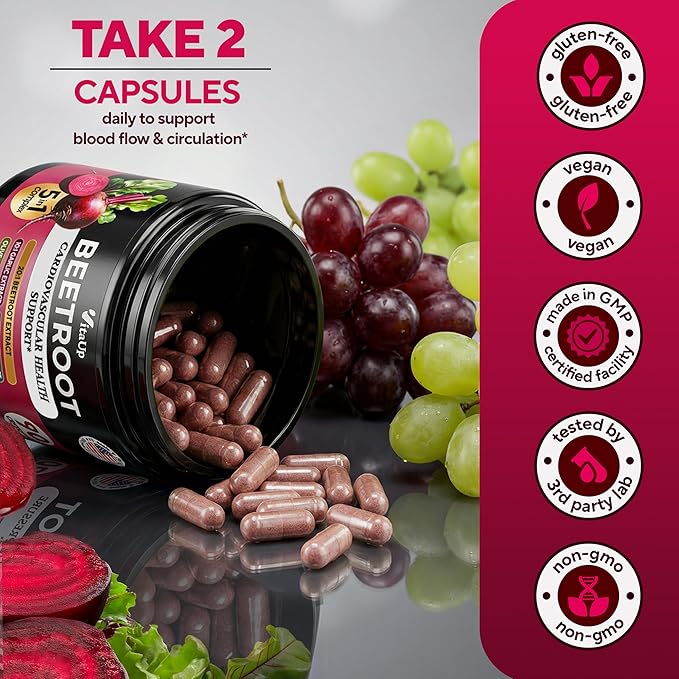 Beet Root Capsules - USA Made Beetroot Supplement for Normal Circulation, Nitric Oxide & Heart Support - 5-in-1 Beets with Grape Seed, Garlic Extract, Hawthorn Berry, Olive Leaf - 90 Vegan Caps