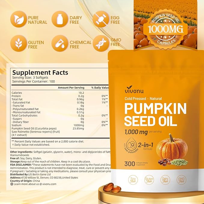 VivoNu Pumpkin Seed Oil with Saw Palmetto Capsules |Cold Pressed, Pure Virgin Oil,Essential Fatty Acids & Phytosterols |300 SoftgelsSupports Hair,Urinary,Bladder&Prostate Health|Non-GMO