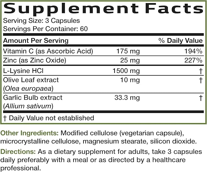 Bronson L-Lysine Defense Immune Support Complex 1500 MG L-Lysine Plus Olive Leaf, Garlic, Vitamin C and Zinc - Non-GMO, 180 Vegetarian Capsules