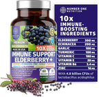 10 in 1 Immune Support Supplement [10 Potent Ingredients] with Elderberry, Vitamin C, Zinc, Echinacea, Turmeric Curcumin, Garlic and Probiotics for Adults, 60 Veg Caps