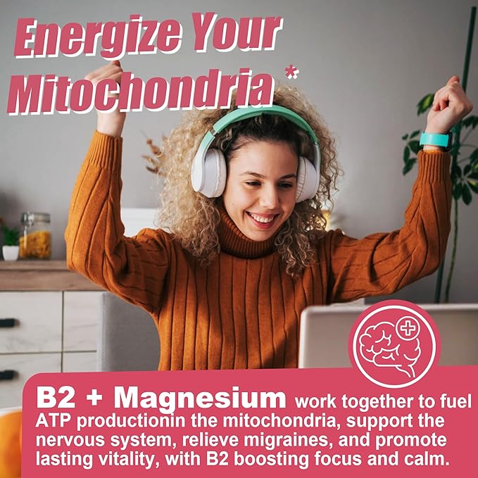 Vitamin B2 Gummies | Riboflavin 400mg with Magnesium & CoQ10 for Migraine Relief & Headache Relief | Sugar Free, Vegan, Strawberry Flavor, 60 Count
