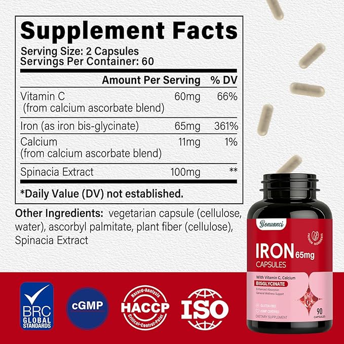 Iron Supplement - Iron 65mg High Absorption Iron Bisglycinate with Vitamin C, Calcium, Gentle Iron Pills for Women Men - Non GMO & Gluten Free, Stomach Friendly, 90 Capsules