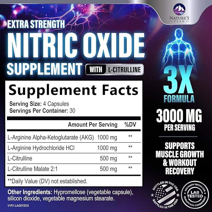 Extra Strength Nitric Oxide Booster - 3X Strength L-Arginine, Citrulline, & Beta Alanine - Premium Nitric Booster Natural Energy, Muscle & Heart Support, Bottled in USA for Men & Women - 120 Capsules