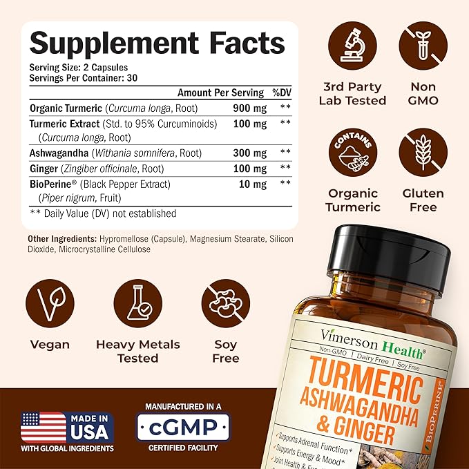 Ashwagandha Organic Turmeric Curcumin Supplement with Ginger Root & Black Pepper – Joint Health, Energy & Immune Support – Antioxidant Blend with 95% Curcuminoids – 2 Pack