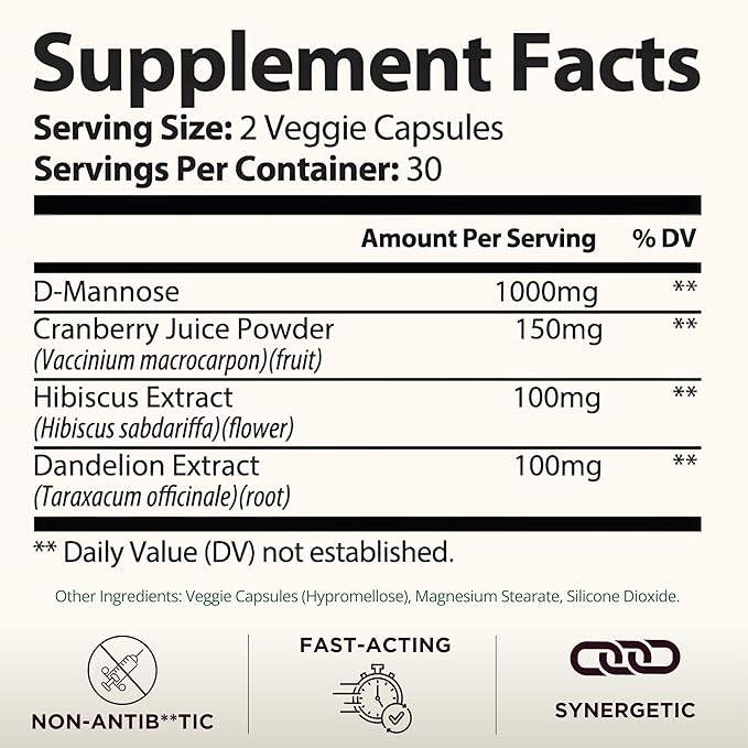 TODICAMP Melanin-Rich Physiology UTI Relief, D-Mannose with Cranberry, 1000mg D-Mannose Capsules for Urinary Tract Health for Women, Hibiscus Dandelion Root for Bladder Control & Kidney Cleanse