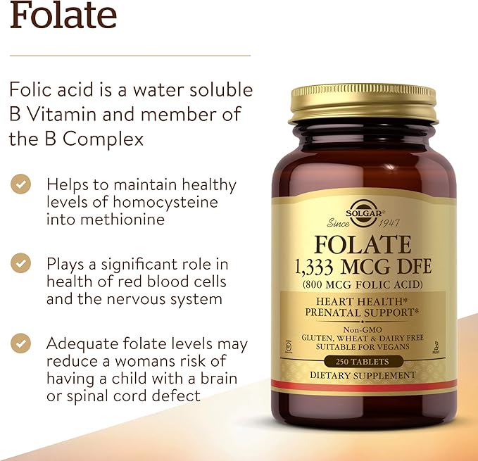 Solgar Folate 1,333 MCG Dietary Folate Equivalent (800 mcg Folic Acid), 250 Tablets - Heart Health, Healthy Nervous System, Prenatal Support - Non-GMO, Vegan, Gluten Free, Dairy Free - 250 Servings