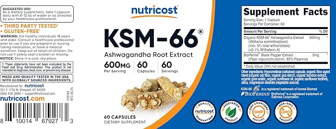 Nutricost KSM-66 Ashwagandha Root Extract 600mg, 60 Veggie Caps (2 Bottles) - 5% Withanolides - with BioPerine