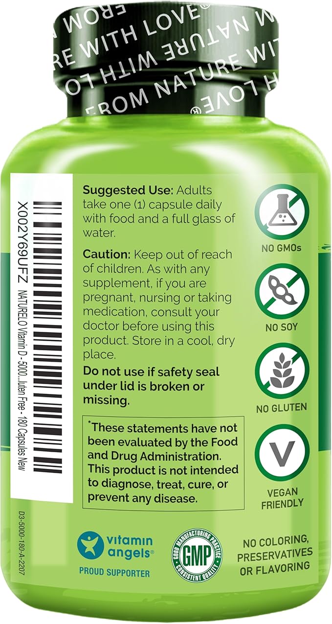 NATURELO Vitamin D - 5000 IU - Plant Based from Lichen - Natural D3 Supplement for Immune System, Bone Support, Joint Health - High Potency - Vegan - Non-GMO - Gluten Free - 180 Capsules (Pack of 2)
