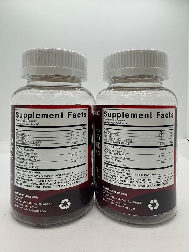 Vitamatic Tart Cherry (360 mg) with Celery Seed (30 mg) 10:1 Extract & Turmeric 20:1 Extract (10 mg) - (Per Serving/2 Gummies) - 60 Gummies (Pack of 2)