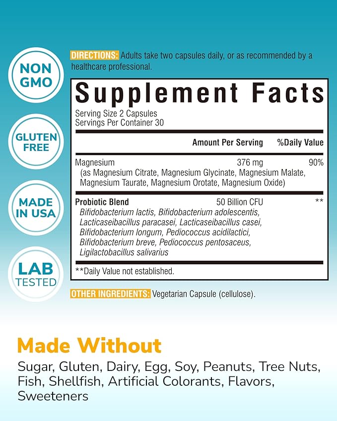 Vitalibre Probiotic with Magnesium, 50 Billion CFU, 9 Strains, Magnesium Glycinate Citrate Malate Taurate, for Digestion, Immunity, Bone, Energy & Recovery, 60 Vegan Capsules, Non-GMO
